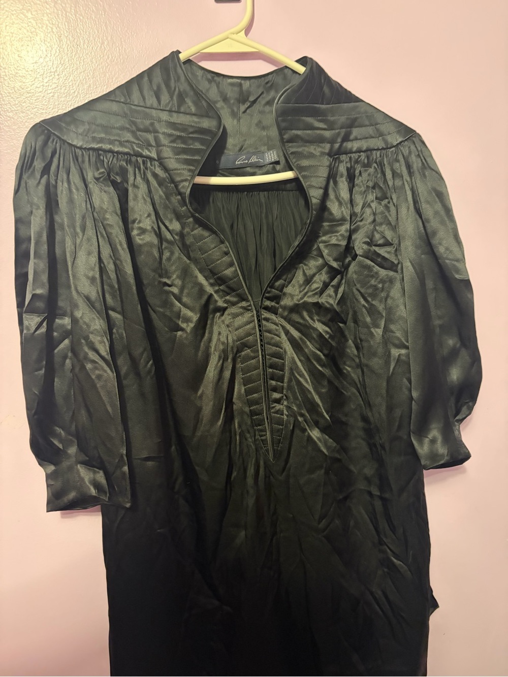 Black Satin V-Neck Pleated Tunic Top